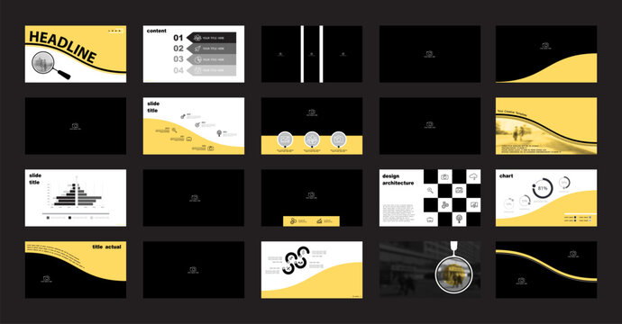 Business presentation template. Set, infographic elements, abstract yellow design, white background. Office building, corporate photo, PowerPoint. Slideshow, annual report. Vector illustration
