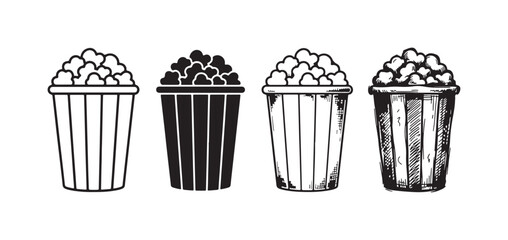 Collection of popcorn bucket icons, presented in outline, solid, and intricate hand-drawn sketch variations, ideal for movie theaters and snack bars. © Ірина Гринюк