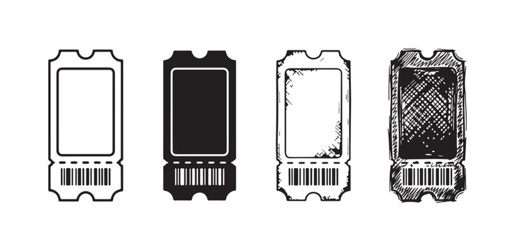Four cinema or event tickets with barcode designs, displayed in distinct styles: outline, solid fill, and detailed hand-drawn sketches
