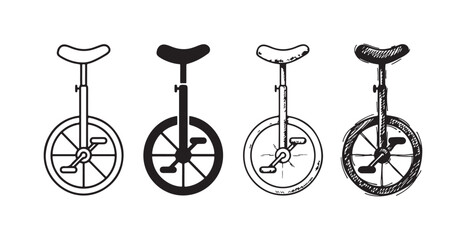 Set of unicycle illustrations in outline, solid, and hand-drawn sketch styles © Ірина Гринюк