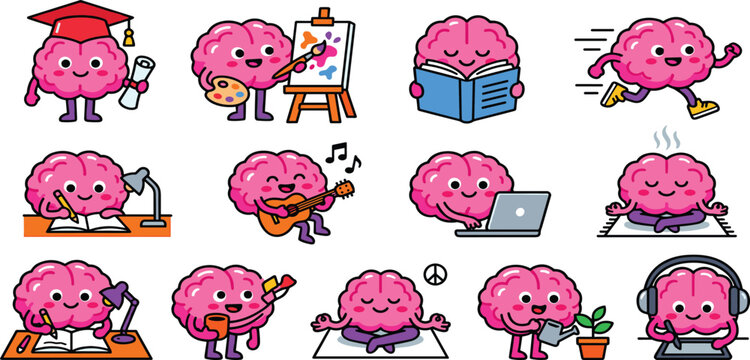 Vector Cartoon Cute Brain Character Set Showing Mental Health Wellness Activities Like Studying Painting Reading Laptop Use Yoga and Music for Education Graphic Designs
