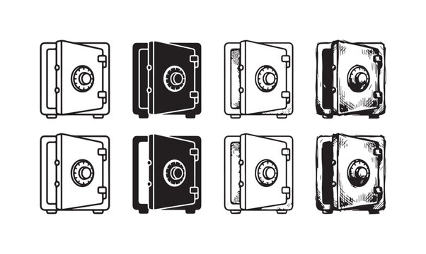 Collection of safe deposit box icons with doors open, showing outline, solid, and hand-drawn sketch styles.