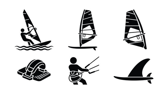Set of black and white windsurfing and kitesurfing equipment icons.