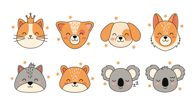Collection of eight cute animal faces including a cat, dogs, koalas, a fox, and a wolf is presented in a sweet nursery character set.