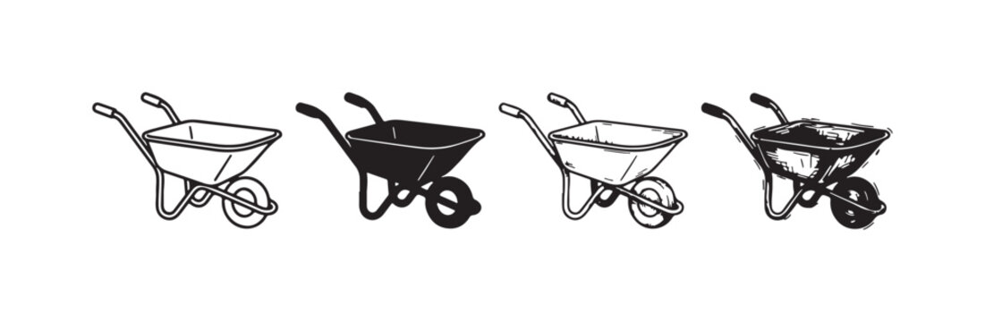 Garden Wheelbarrow Illustrated in Line Art, Silhouette, Etching, and Rough Sketch Styles (Angled View)