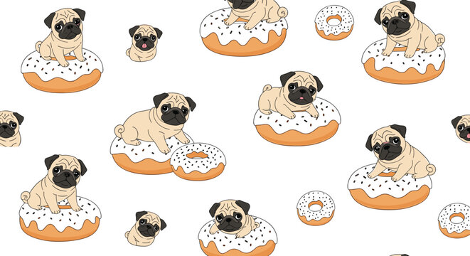 Playful pugs are seen sitting inside and on top of glazed donuts with sprinkles in this adorable and funny repeating animal pattern.