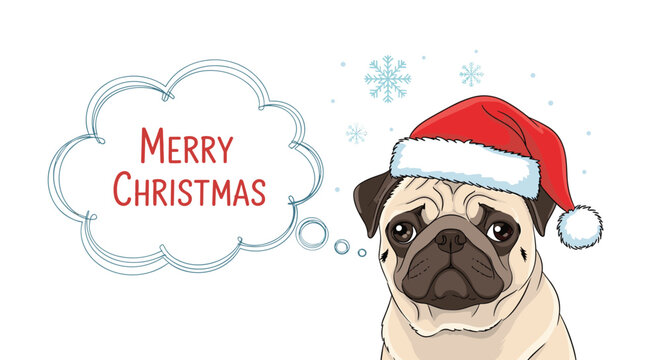 Grumpy pug wearing a red Santa hat has a thought bubble with the words Merry Christmas, creating a funny and festive holiday card.