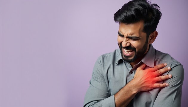 Man shows severe shoulder pain holding his arm across chest. Red spot indicates injury location. He winces with discomfort, likely from strain or ache. Medical concept graphic.