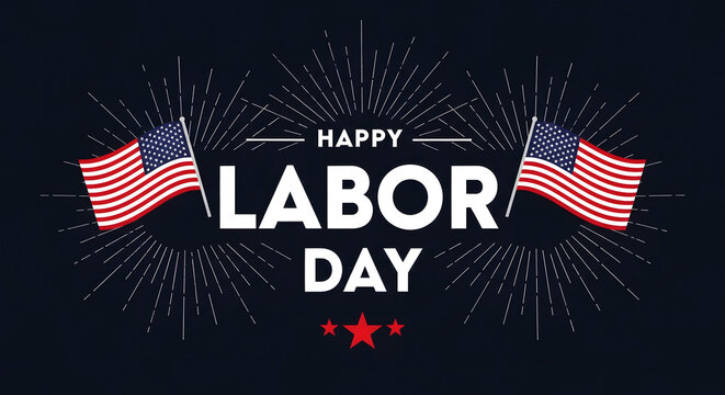 Happy Labor Day text with American flags and starbursts on dark blue image
