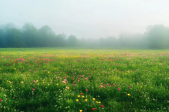 A serene foggy morning over flowering wildflower field with delicate light and vibrant spring calm