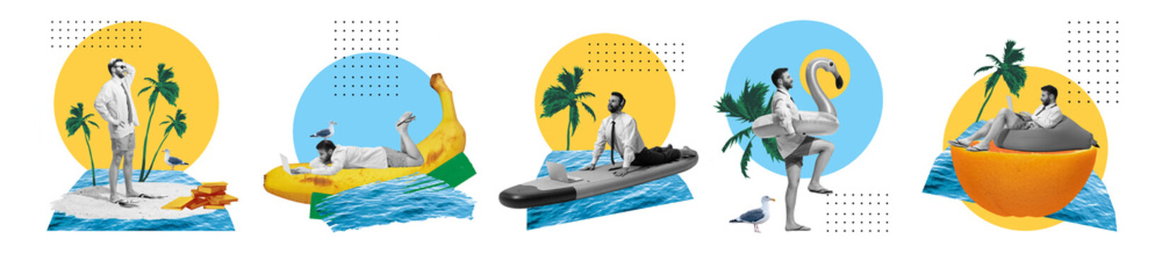 Office worker relaxing on surreal island workplace collage. Concept of remote work, vacation planning, hybrid office freedom, business travel, burnout recovery and work life balance. Banner