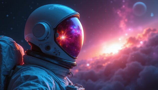 Astronaut gazes at vibrant nebula in helmet visor reflection. Space explorer contemplates vast cosmos. Sci-fi art shows deep space, stars, and nebulae.