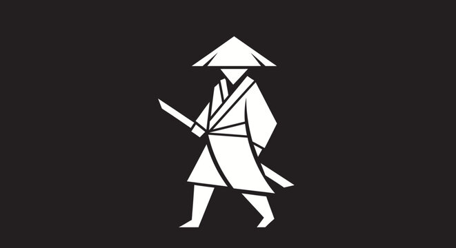 Minimalist black and white illustration of a samurai warrior with traditional attire, holding a sword, wearing a conical hat, in a walking pose