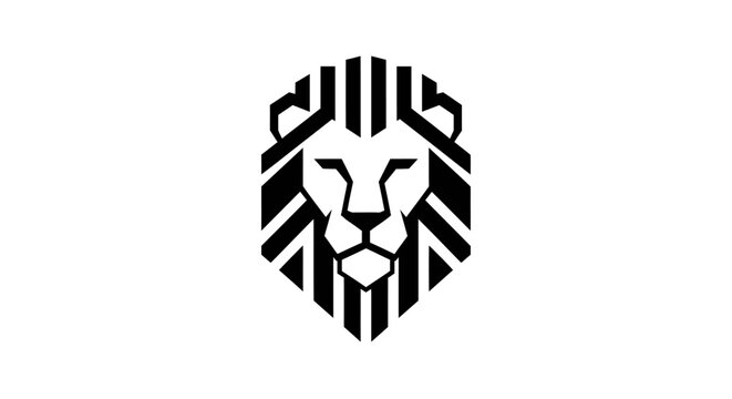Black and white stylized lion face emblem with geometric lines
