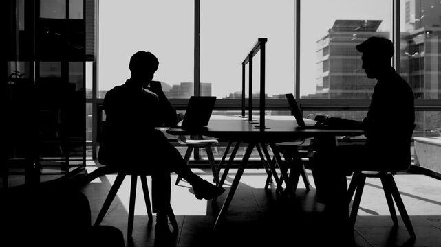 Black and White Silhouettes of Two People Working on Laptops by a Bright Office Window