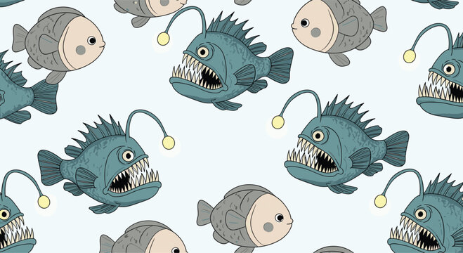 Underwater seamless pattern shows fierce anglerfish with glowing lures swimming alongside friendly small round fish.