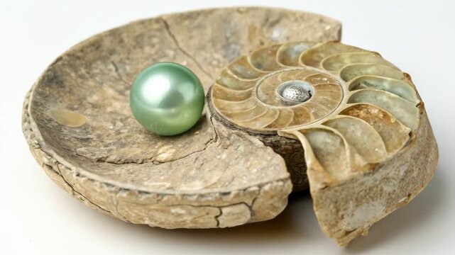 Ammonite fossil with pearl centered in soft studio lighting during a slow camera pan