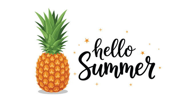 Bright pineapple illustration next to a stylish hello Summer calligraphy text with small golden stars for a sunny theme.