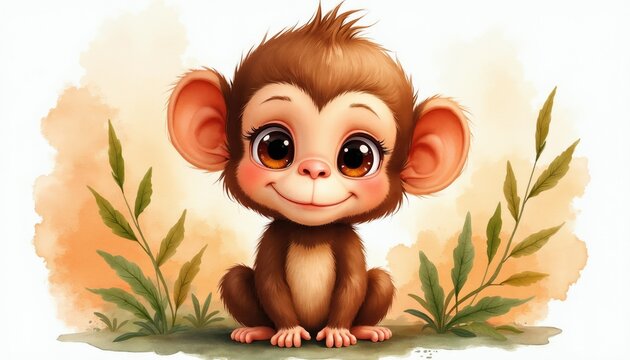 Cute cartoon baby monkey sits in green grass with large ears and big eyes. This sweet primate illustration has a playful charm. Use for jungle theme, kids books, or animal posters.