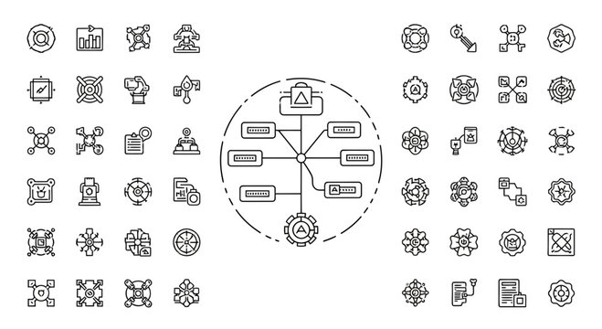 Centralized system architecture icon with hierarchical connections and data flow visualization.