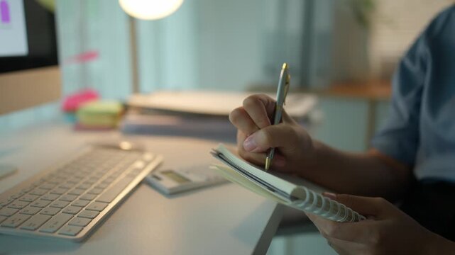 Close up of a female professional taking notes in a spiral notebook. The businesswoman sits at her desk with a computer and paperwork