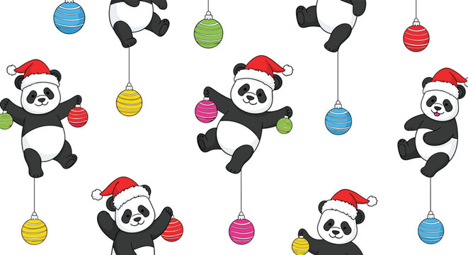 Festive seamless pattern of cute pandas wearing Santa hats and holding colorful hanging Christmas ball ornaments.