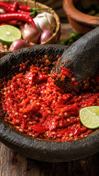 Fresh red sambal chili paste being ground in dark stone mortar.generative AI