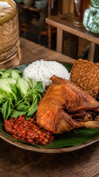 Indonesian fried chicken plate with rice, sambal and fresh vegetables.generative AI