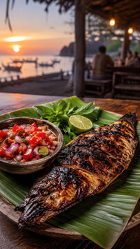 Grilled fish with sambal and lime served on seaside table at sunset.generative AI