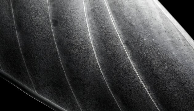 Macro closeup of a dark, textured leaf surface with prominent parallel veins, showcasing intricate organic patterns and natural light play in monochrome