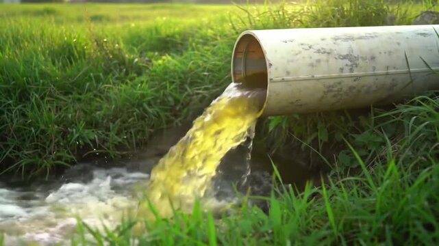Dirty water discharging from a large pipe into a grassy ditch in a rural landscape