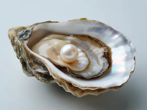 Open Oyster Shell with Pearl Inside on White Background