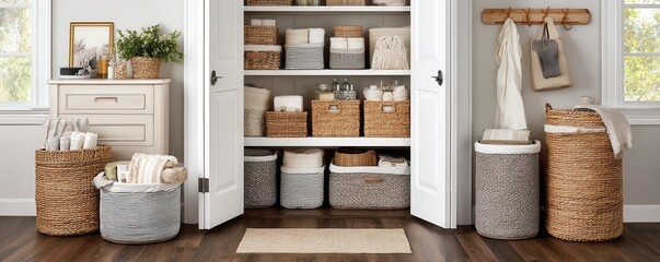 Fototapeta premium Organized linen closet with baskets shelves and storage containers in a home interior