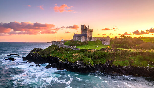 Historic coastal castle ruin on a rocky outcrop overlooking the sea at sunset with dramatic colourful clouds and ocean waves