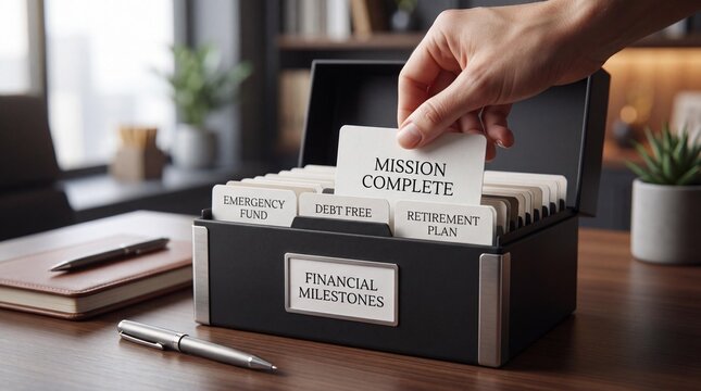 Hand placing 'mission complete' card in financial milestones file box on office desk with notebook