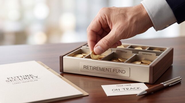 Hand putting coin into retirement fund box on desk with future security plan