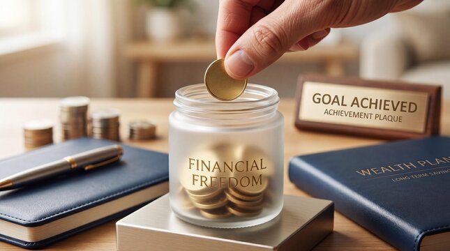 Hand putting coin into financial freedom jar with wealth plan
