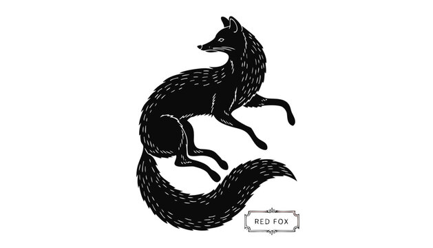 Very beautiful black-and-white engraved vector illustration featuring a red fox with elegant fur details, graceful posture, and an engraved label reading "RED FOX", isolated on white background.