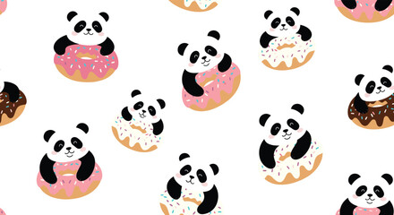 Fototapeta premium Playful seamless pattern of cute panda bears holding and eating colorful glazed donuts on a white background for children and sweet lovers.