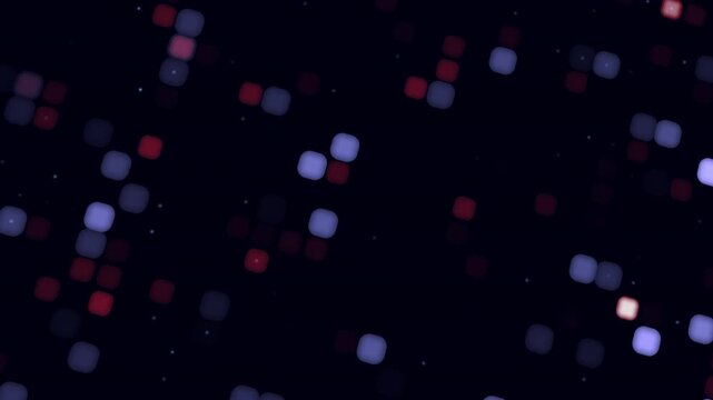 Abstract bokeh cube particles, 4K 60fps motion, red and blue glowing blocks floating on dark space, digital halftone, tech, depth and sci fi background.