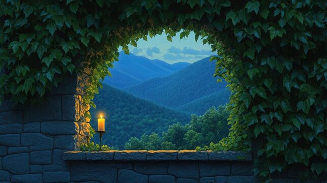 Scenic view of lush green mountains through an arched stone window with ivy and candlelight