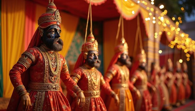 Kathputli puppets wear bright red and gold Indian wedding attire. Performers stand on stage with colorful drapes and decorative lights. Traditional Rajasthan folk art comes alive for celebration.