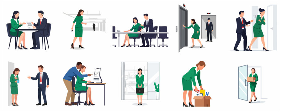 Collection of flat illustrations depicting workplace sexual harassment, misconduct, and employee dismissal scenes
