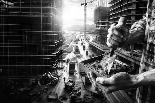 Mani di operaio che stendono malta con cazzuola in un grande cantiere con edifici in costruzione. Scena che rappresenta edilizia, infrastrutture, lavoro manuale e sviluppo urbano.