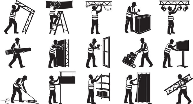 Construction and Industrial Installation Workers Silhouette Set for Maintenance Assembly and Equipment Handling