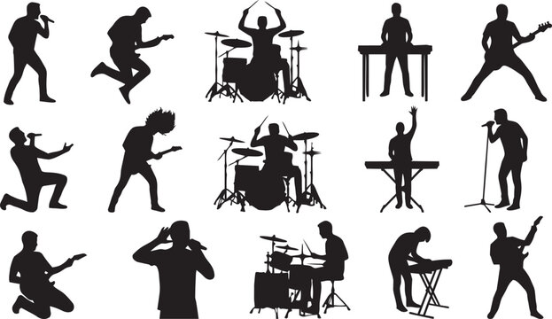 Rock Band Musicians Silhouette Collection Featuring Guitarists Drummer Keyboard Player and Live Performance Poses