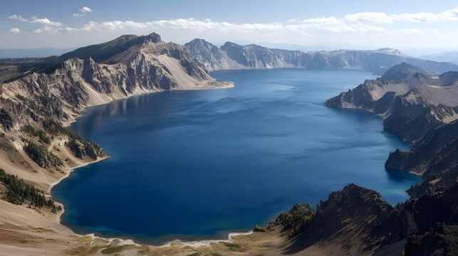 深い青色のカルデラ湖と火山地形の壮大な山岳風景
Panoramic volcanic caldera lake surrounded by rugged mountain landscape