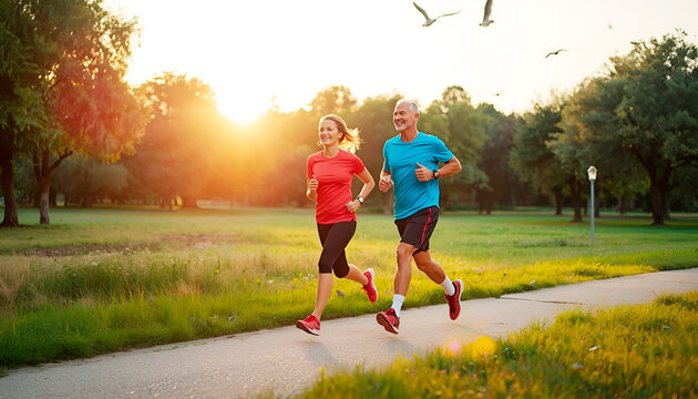 A man and woman run along an asphalt path against the backdrop of a bright sunset. Runners. Fitness and healthy lifestyle concept.