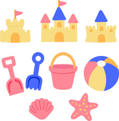 Cute vector illustration set of colorful beach toys and sandcastles. Includes a sand bucket, toy shovels, a beach ball, a seashell, and a starfish isolated © MariPon