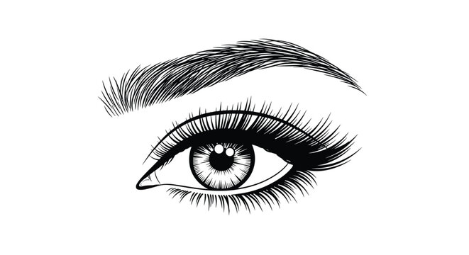 Highly detailed hand drawn line art illustration of a female eye with long eyelashes and a perfectly shaped thick eyebrow.